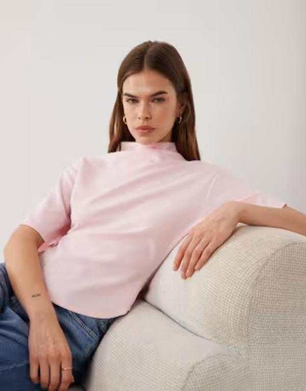 エイソス レディース トップス プルオーバー ハイネック ASOS DESIGN short sleeve top withigh neck インチ pastel pink サクラ色