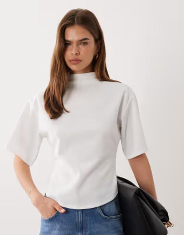 エイソス レディース トップス Tシャツ ハイネック ASOS DESIGN short sleeve top withigh neck WHITE ホワイト