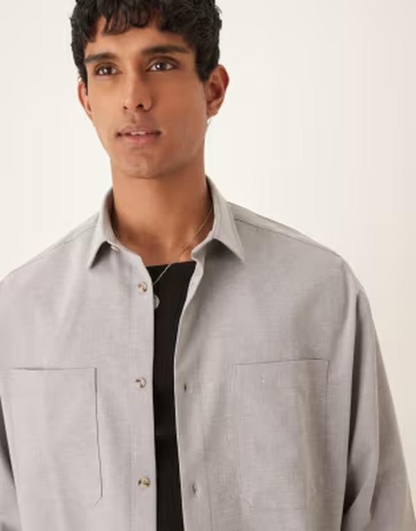 エイソス メンズ トップス プルオーバー クロップド リネン ASOS DESIGN boxy oversized linen blend cropped shirt - part of a set Gray 薄墨色 カジュアルシャツ-トップス