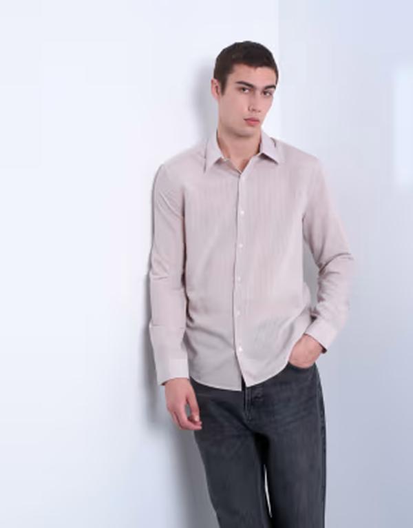 トップマン メンズ トップス シャツ レギュラーフィット シアー Topman regular fit sheer striped shirt in stone ストーン