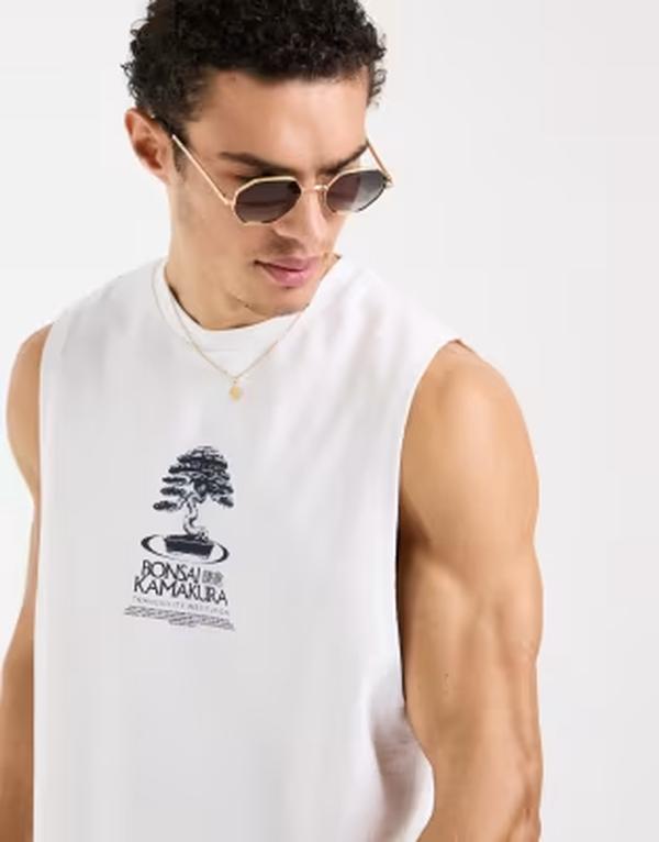 エイソス メンズ トップス ベスト プリント ASOS DESIGN heavyweight relaxed tank with bonsai tree print WHITE ホワイト 9,975円