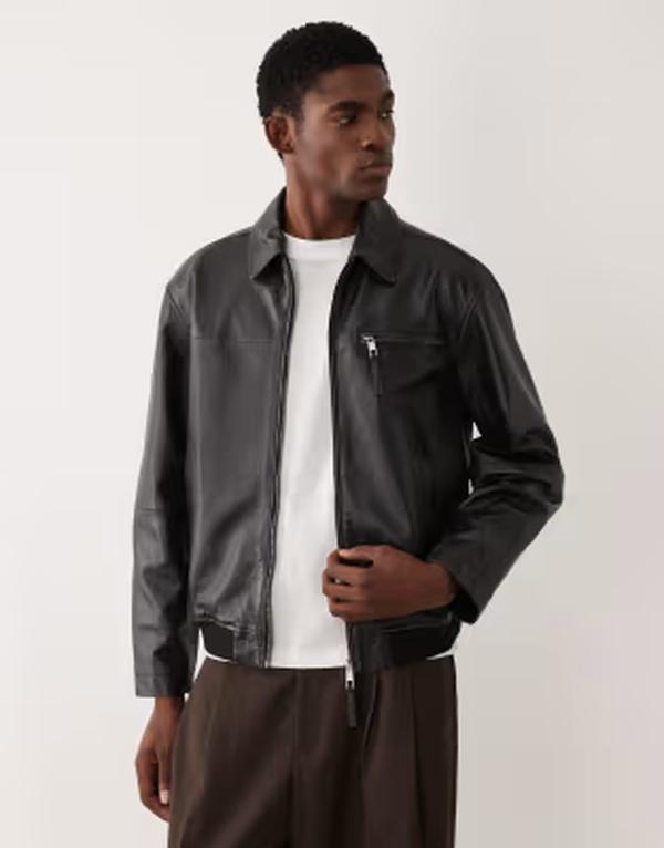 エイソス メンズ アウター 上衣・上衣 なめし革 ASOS DESIGN realeather oversized harrington jacket Black 黒いこと
