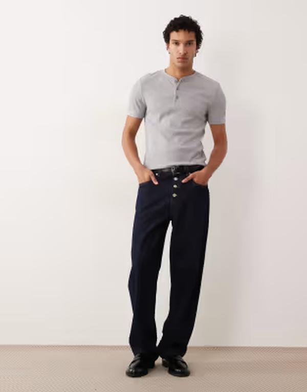 エイソス メンズ トップス Tシャツ ASOS DESIGN heavyweight muscle fit Henley T-shirt with chest embroidery heather Gray Heather グレー