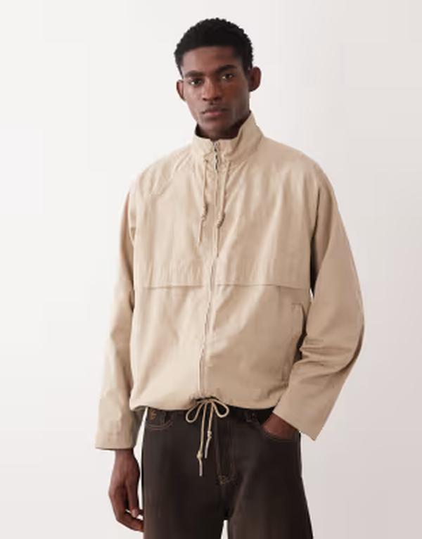 エイソス メンズ アウター ジャケット・ブルゾン スタンドネック コットン ASOS DESIGN cotton funnel neck windbreaker jacket in stone ストーン