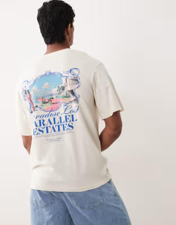 ジャック アンド ジョーンズ メンズ トップス Tシャツ プリント Jack & Jones oversized T-shirt with paradise print Antique White ホワイト