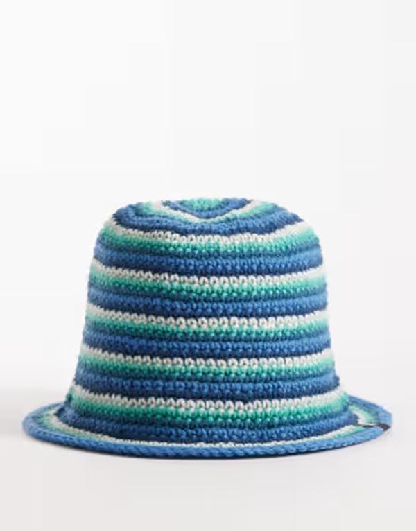 コルージョン レディース アクセサリー 帽子 ニット COLLUSION crochet knit stripe bucket hat BLUE ブルー