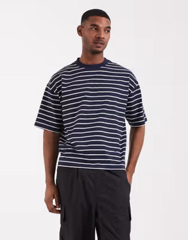 エイソス メンズ トップス ティーシャツ ASOS DESIGN boxy oversized インチ T-shirt navy stripe Navy stripe 米国海軍