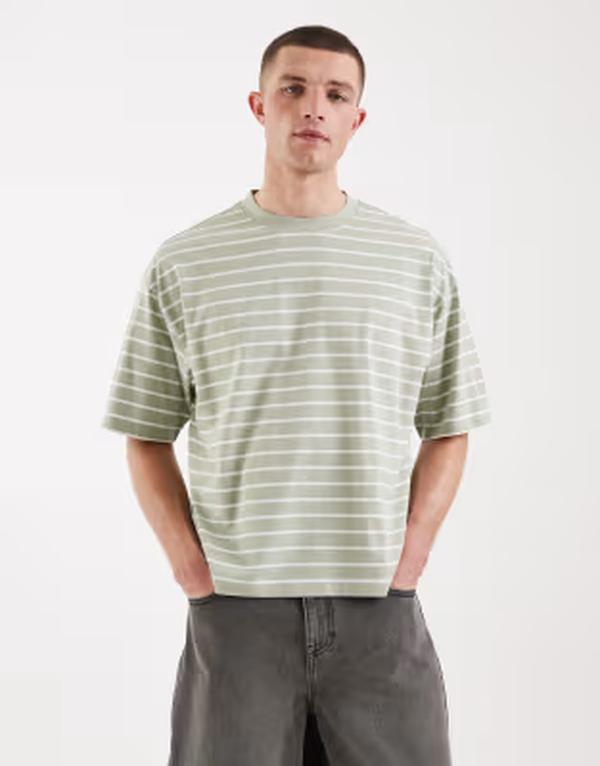 エイソス メンズ トップス ティーシャツ ASOS DESIGN boxy oversized t-shirt インチ sage stripesage stripe サルヴィア