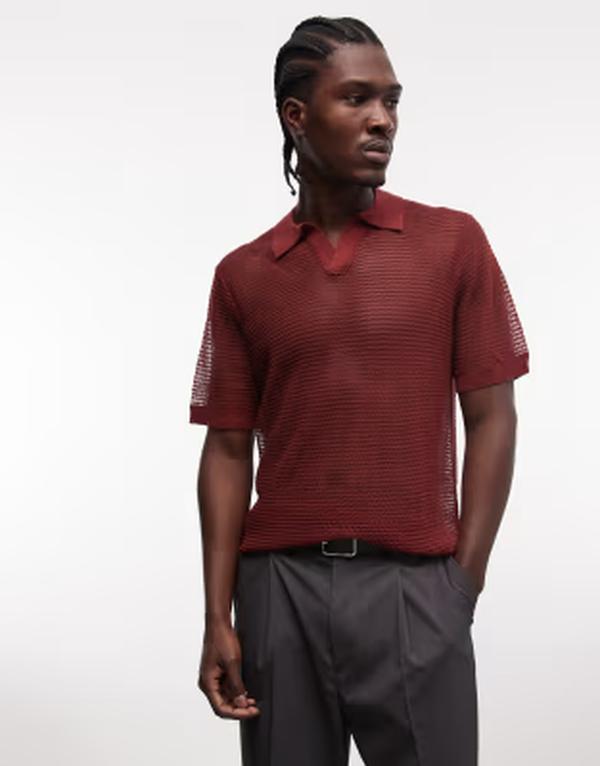 エイソス メンズ トップス スポーツシャツ メッシュ 編み物 ASOS DESIGN knit mesh notch neck polo RUST 挙げ句の果て