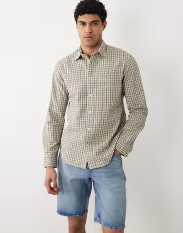 セレクティッド メンズ トップス シャツ コットン Selected 100% cotton long sleeve seersucker shirt plaid Oatmeal オートミール