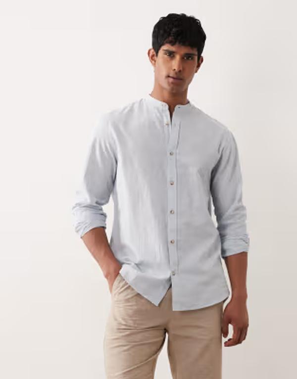 ジャック アンド ジョーンズ メンズ トップス シャツ リネン Jack & Jonestand collar linen blend long sleeve shirt in light Celestial Blue ブルー