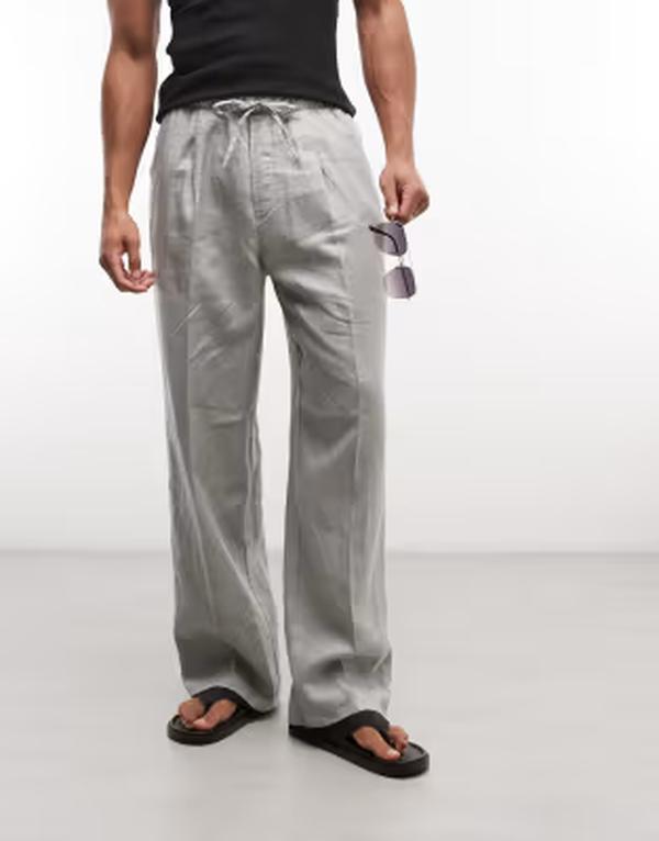 週日 メンズ ボトムス 心地好いズボン下 リネン Weekday pull on linen pants インチ sage green exclusive to ASOSage green 緑であること ズボン・パンツ-メンズファッション