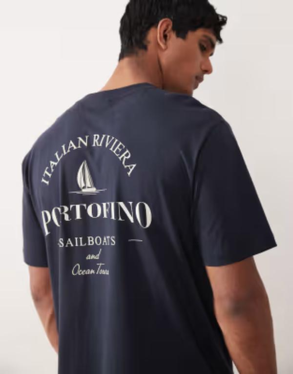 オンリーアンドサンズ メンズ トップス Tシャツ プリント ONLY & SONS oversized T-shirt with Portofino back print Navy Blazer ネイビー