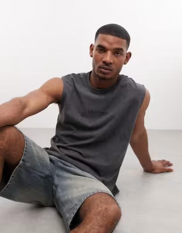 エイソス メンズ トップス Tシャツ グラフィック ASOS DESIGN oversized tank with text graphic in charcoal wash Asphalt チャコール