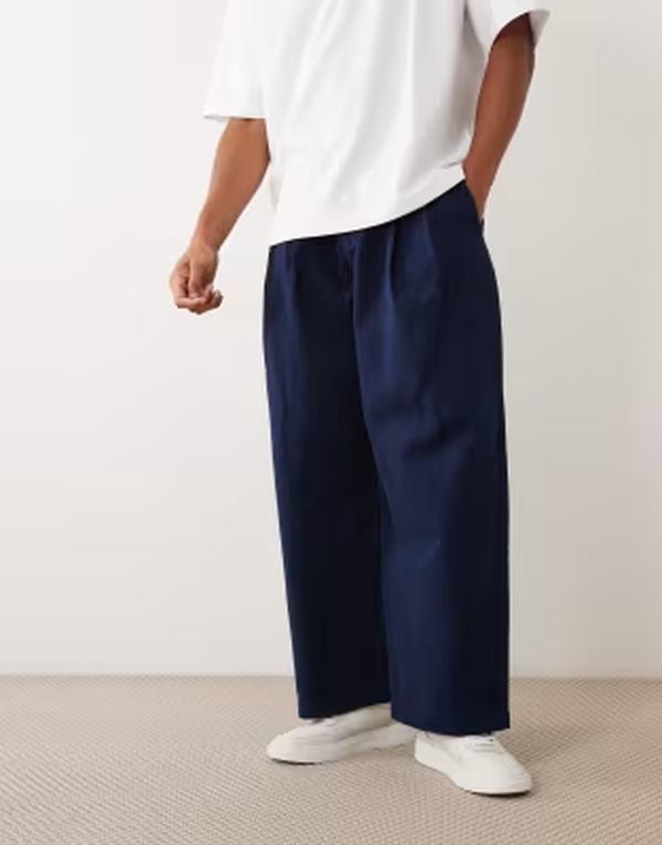 エイソス メンズ ボトムス カジュアルパンツ ASOS DESIGN barrel pants with pleats NAVY ネイビー