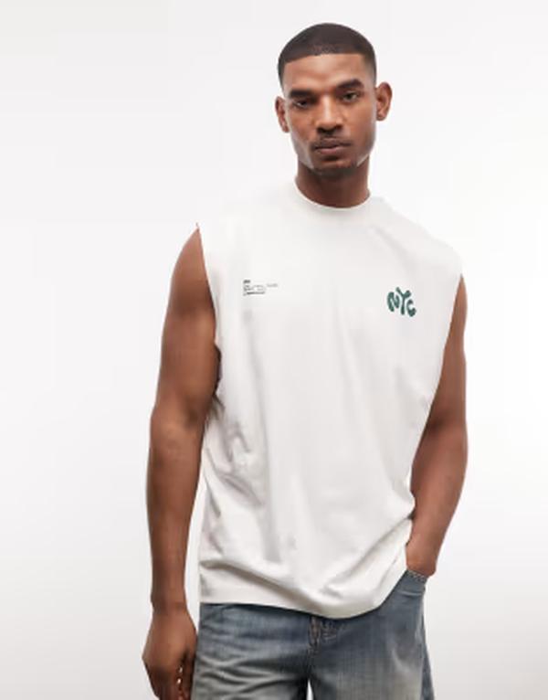 エイソス メンズ トップス ベスト プリント ASOS DESIGN oversized tank with NYC text print in cream Coconut milk クリーム