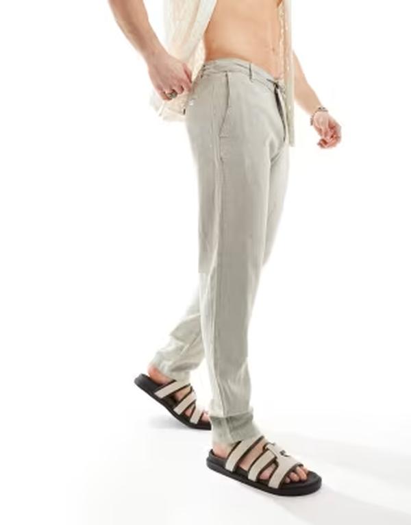 セレクティッド メンズ ボトムス 心地好いズボン下 リネン Selected slim tapered linen pants インチ cream Vetiver 皮膚軟化剤