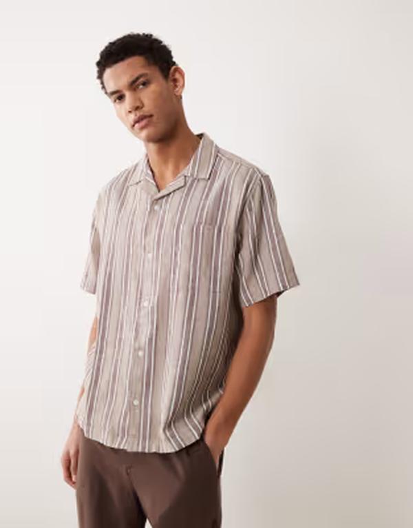 エイソス メンズ トップス シャツ リネン ASOS DESIGN relaxed linen blend striped shirt BROWN ブラウン