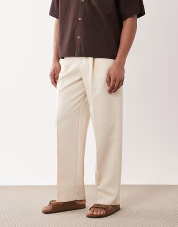 エイソス メンズ ボトムス 心地よいズボン下 ワイドレッグ 筋目 ASOS DESIGN smart pleated wide leg pants インチ ecru エクリュ