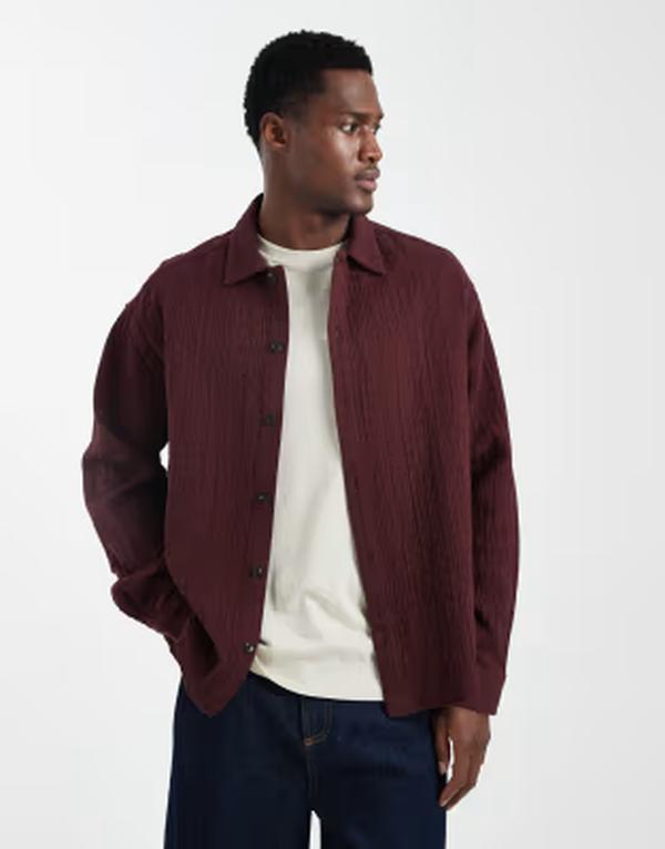 エイソス メンズ トップス シャツ キルティング ASOS DESIGN oversized quilted look shirt Burgundy バーガンディ