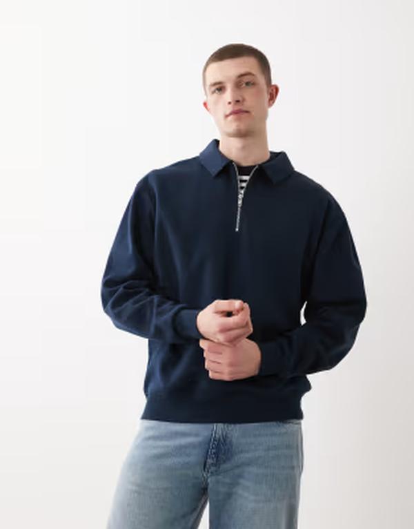 エイソス メンズ アウター パーカー・スウェット シャツ ASOS DESIGN relaxed 1/4 zip sweatshirt with collar DARK SAPPHIRE サファイア