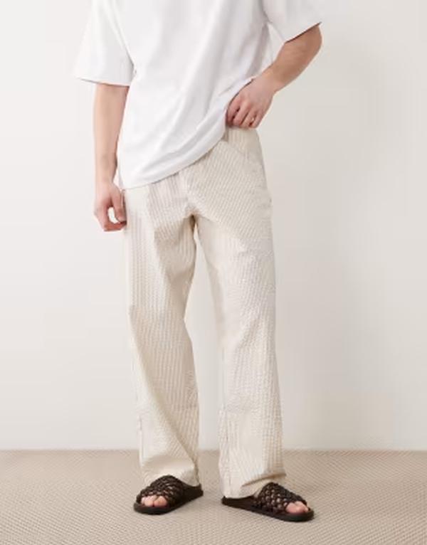 エイソス メンズ ボトムス カジュアルパンツ ストレート ASOS DESIGN textured loose straight leg pants in cream stripes Cream stripe クリーム