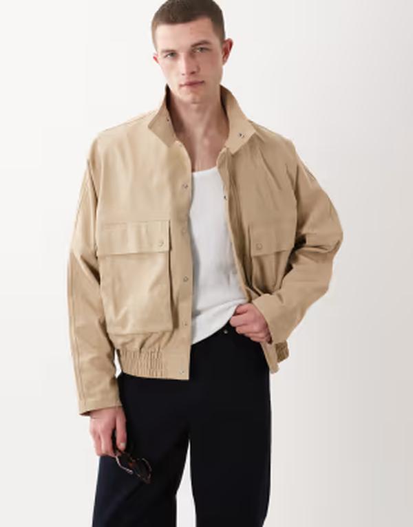 エイソス メンズ アウター ジャケット・ブルゾン スタンドネック ASOS DESIGN oversized harrington jacket with funnel neck in stone ストーン
