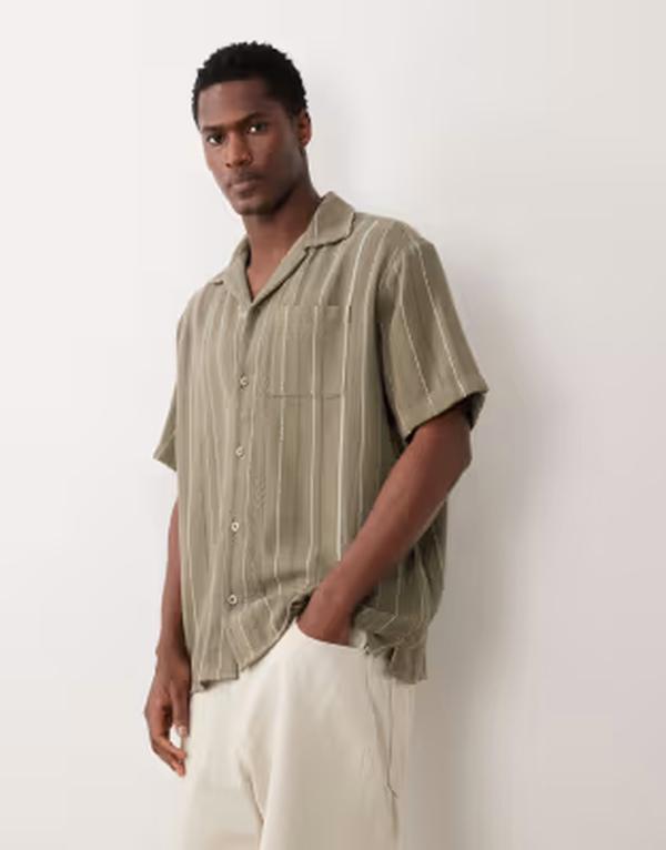 ジャック アンド ジョーンズ メンズ トップス シャツ Jack & Jonestriped short sleeve shirt Vetiver カーキ