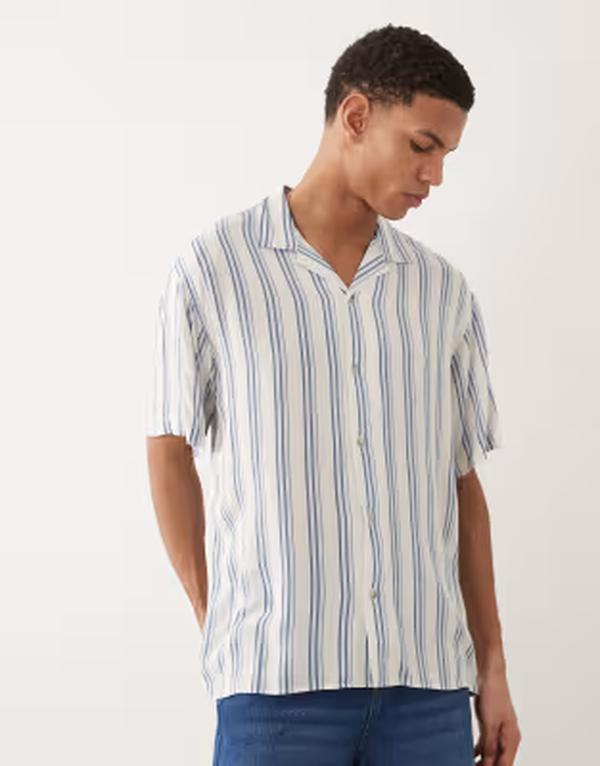 ジャック アンド ジョーンズ メンズ トップス シャツ Jack & Jonestriped shirt with short sleeves Celestial Blue ブルー|ReVida 店