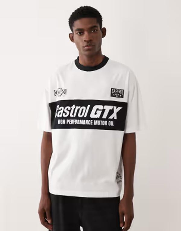 エイソス メンズ トップス Tシャツ プリント ASOS DESIGN oversized tee with Castrol GTX print White ホワイト