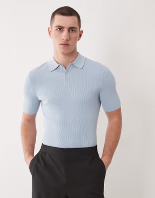 エイソス メンズ トップス ポロシャツ リブニット ASOS DESIGN Essential muscle fit fine-rib knit polo BLUE ブルー