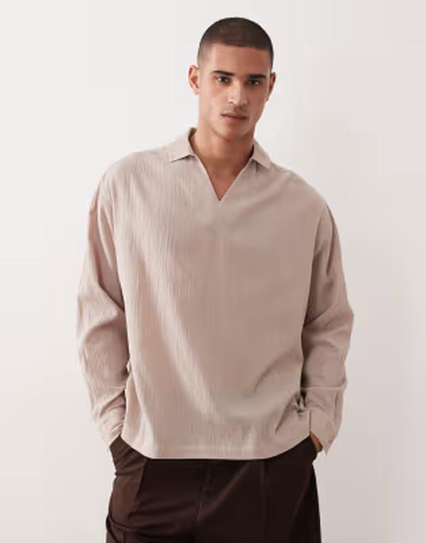 エイソス メンズ トップス プルオーバー ASOS DESIGN oversized over thead camp collar crinkle textured shirt BROWN 赤銅色