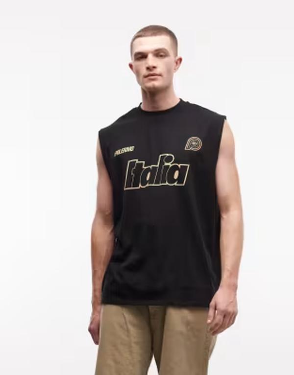 エイソス メンズ トップス ベスト グラフィック ASOS DESIGN oversized tank with Italia sports graphic Black ブラック
