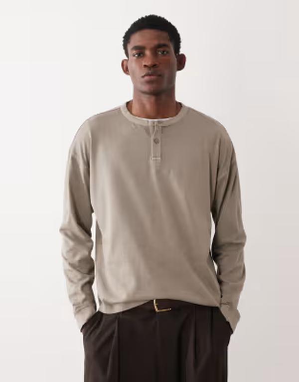 エイソス メンズ トップス Tシャツ ASOS DESIGN heavyweight oversized boxy long sleeve T-shirt in washed stone Driftwood ストーン