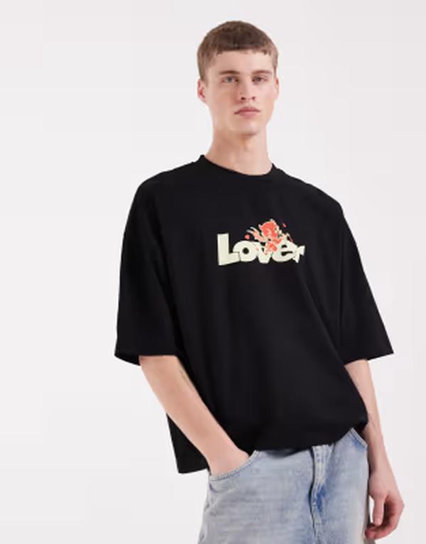 エイソス メンズ トップス ティーシャツ グラフィック ASOS DESIGN boxy oversized t-shirt with lover front graphic Black 黒いこと