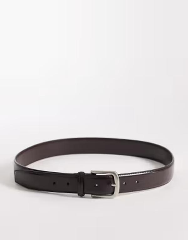 エイソス メンズ アクセサリー ベルト レザー ASOS DESIGN smart leather belt with silver buckle in dark BROWN ブラウン