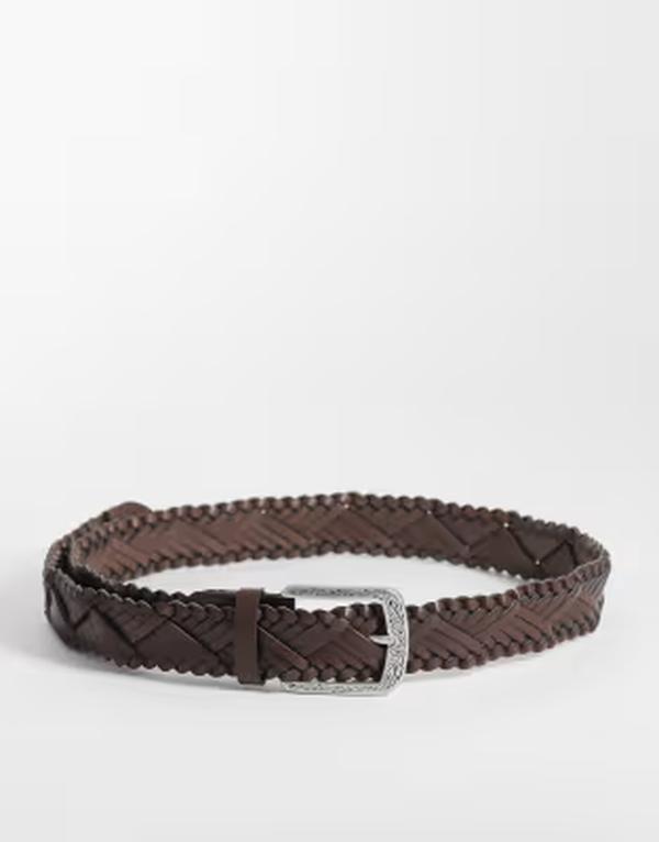 エイソス メンズ アクセサリー ベルト レザー フェイクレザー ASOS DESIGN faux leather woven belt with western pattern silver buckle BROWN ブラウン