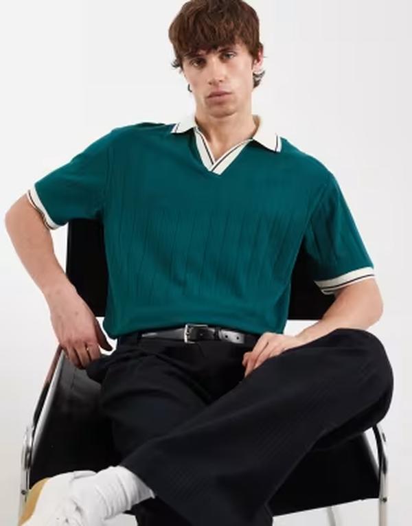 エイソス メンズ トップス スポーツシャツ リブニット 対照 編み物 ASOS DESIGN relaxed polo shirt with contrast collar インチ dark green wide rib knit Botanical garden 緑であること