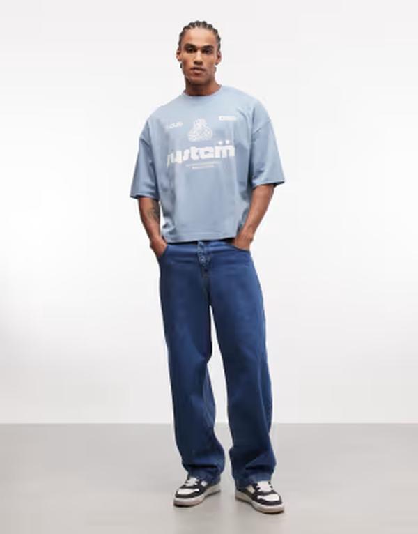 エイソス メンズ トップス ティーシャツ グラフィック ASOS DESIGN boxy oversized T-shirt with sports graphic Mountain Spring 青碧