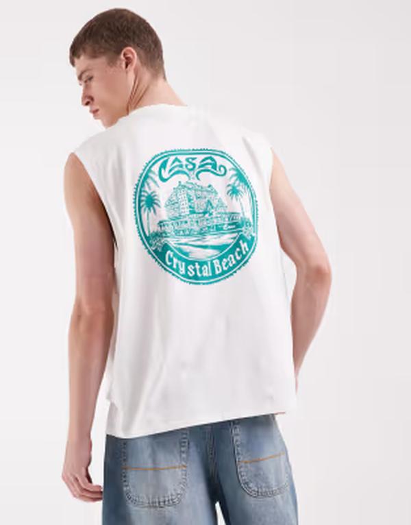 エイソス メンズ トップス ベスト グラフィック ASOS DESIGN oversized tank with beach graphic WHITE ホワイト