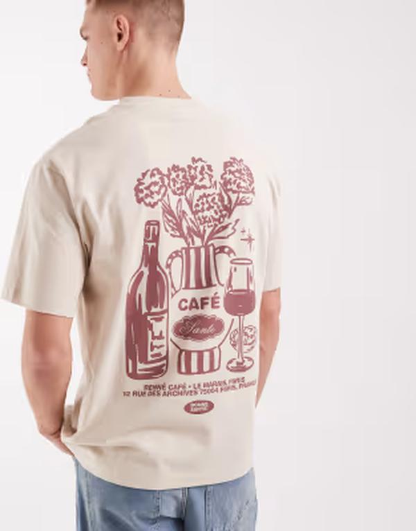 エイソス メンズ トップス ティーシャツ グラフィック ASOS DESIGN relaxed T-shirt with cafe graphic インチ stone Rainy day 石ころ トップス-メンズファッション