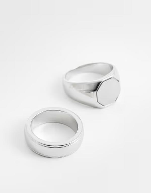 エイソス メンズ 添え物 輪っか ティーシャツ ASOS DESIGN waterproof stainlessteel 2 pack brushed octagonal top signet ring tone SILVER しろがね色