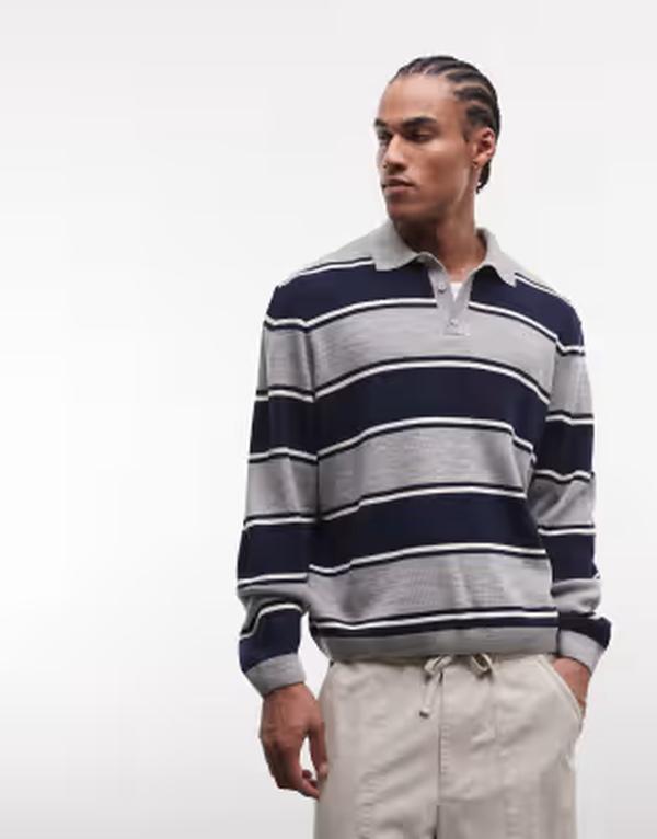 エイソス メンズ トップス スポーツシャツ 編み物 ASOS DESIGN oversized knit polo shirt and gray stripes Multi マルチ色つや