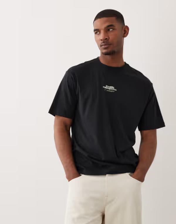 オンリーアンドサンズ メンズ トップス Tシャツ プリント ONLY & SONS oversized t-shirt with Studio Essentials Collective print Jet Black ブラック