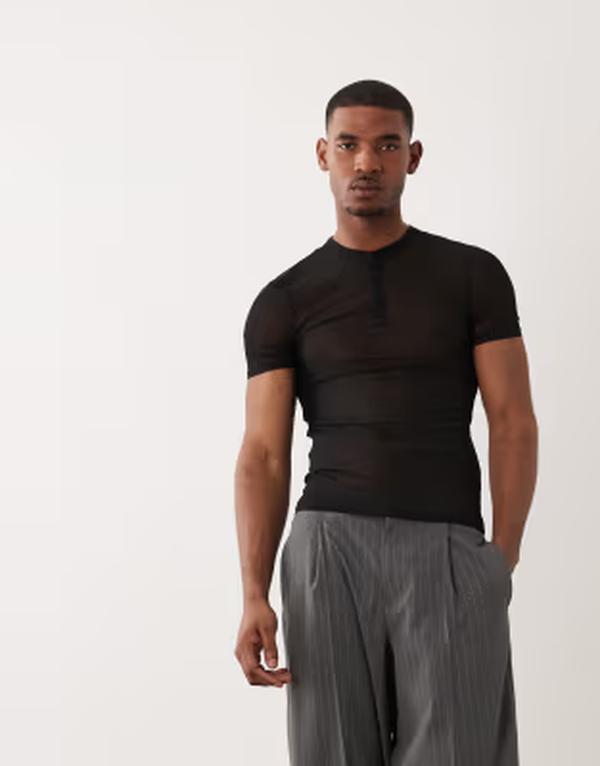 エイソス メンズ トップス Tシャツ ヘンリーネック リブ ASOS DESIGN muscle ribbed T-shirt withenley neck Black ブラック