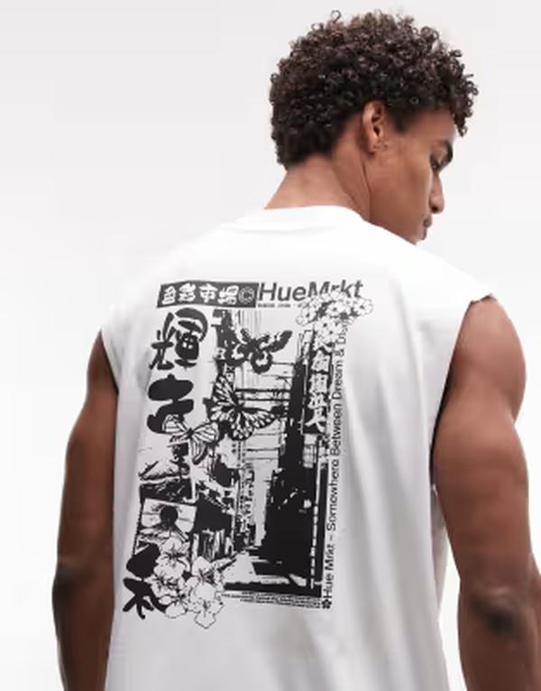 エイソス メンズ トップス ベスト グラフィック ASOS DESIGN oversized tank top with butterfly graphic WHITE ホワイト