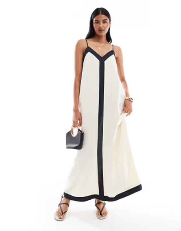 ヴェロモーダ レディース トップス 衣装 対照 マキシ Vero Moda contrastrim cami maxi dress インチ cream and BIRCH BLACK 黒いこと
