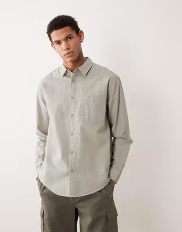 エイソス メンズ トップス プルオーバー ASOS DESIGN relaxed seersucker shirt インチ sage GREEN 緑であること