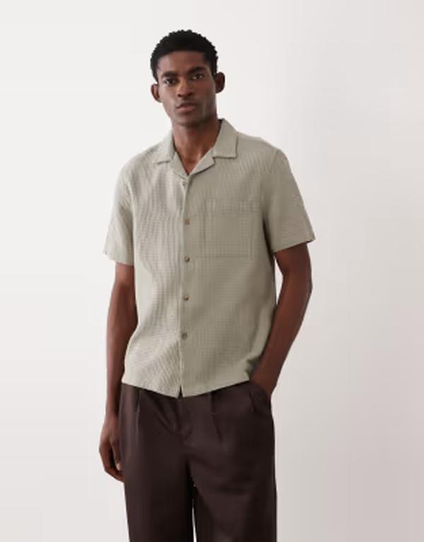 エイソス メンズ トップス プルオーバー レギュラー填まる ASOS DESIGN regular fit revere waffle shirt GREEN 緑であること