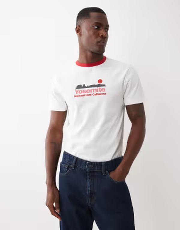 エイソス メンズ トップス Tシャツ グラフィック ASOS DESIGN slim ringer t-shirt with Yosemite graphic in cream Coconut milk クリーム